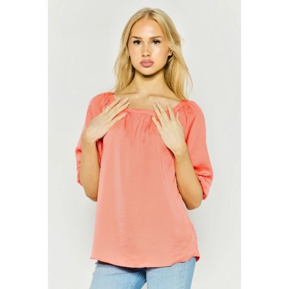 Halston® (Women's XS) Round Neck 3/4 Sleeves Plain Top in Coral